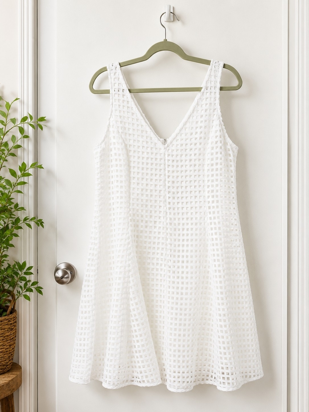 DKNY White Textured V-Neck Mini Dress